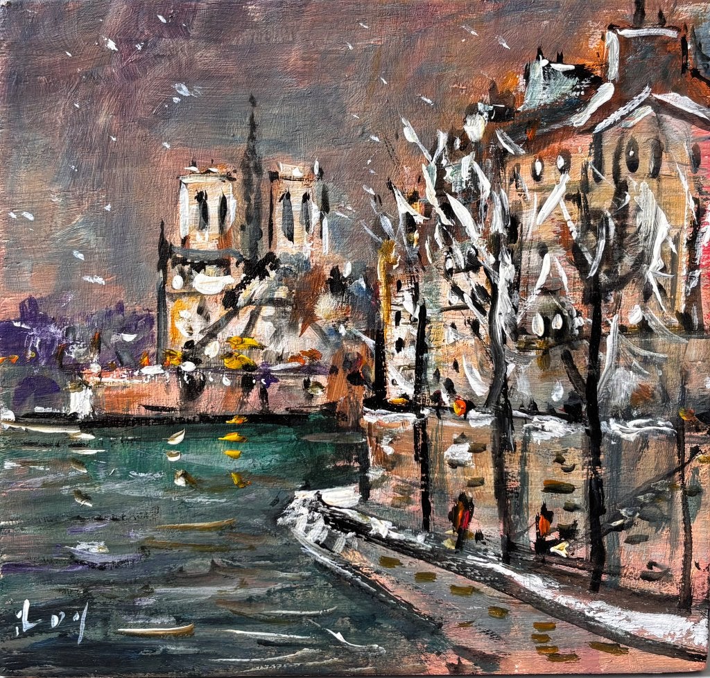 Schilderij Parijs, de Seine en Notre Dame onder de sneeuw, Antiek en Kunst, Kunst | Schilderijen | Klassiek, Realistisch, Ophalen of Verzenden