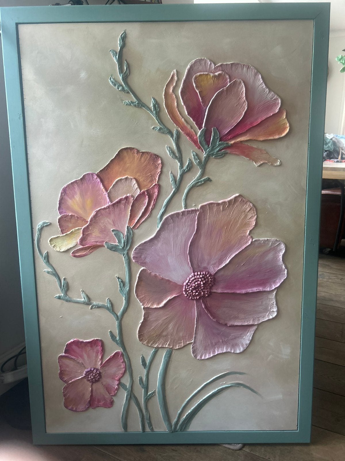 Groot handgemaakt 3D reliëf schilderij bloemen - 90 x 131 cm, Ophalen