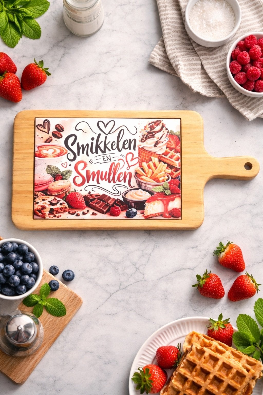 Zelfgemaakte Snij-/serveerplank 'Smikkelen en Smullen', Huis en Inrichting, Hout, Snij-/serveerplank, Nieuw, Ophalen of Verzenden