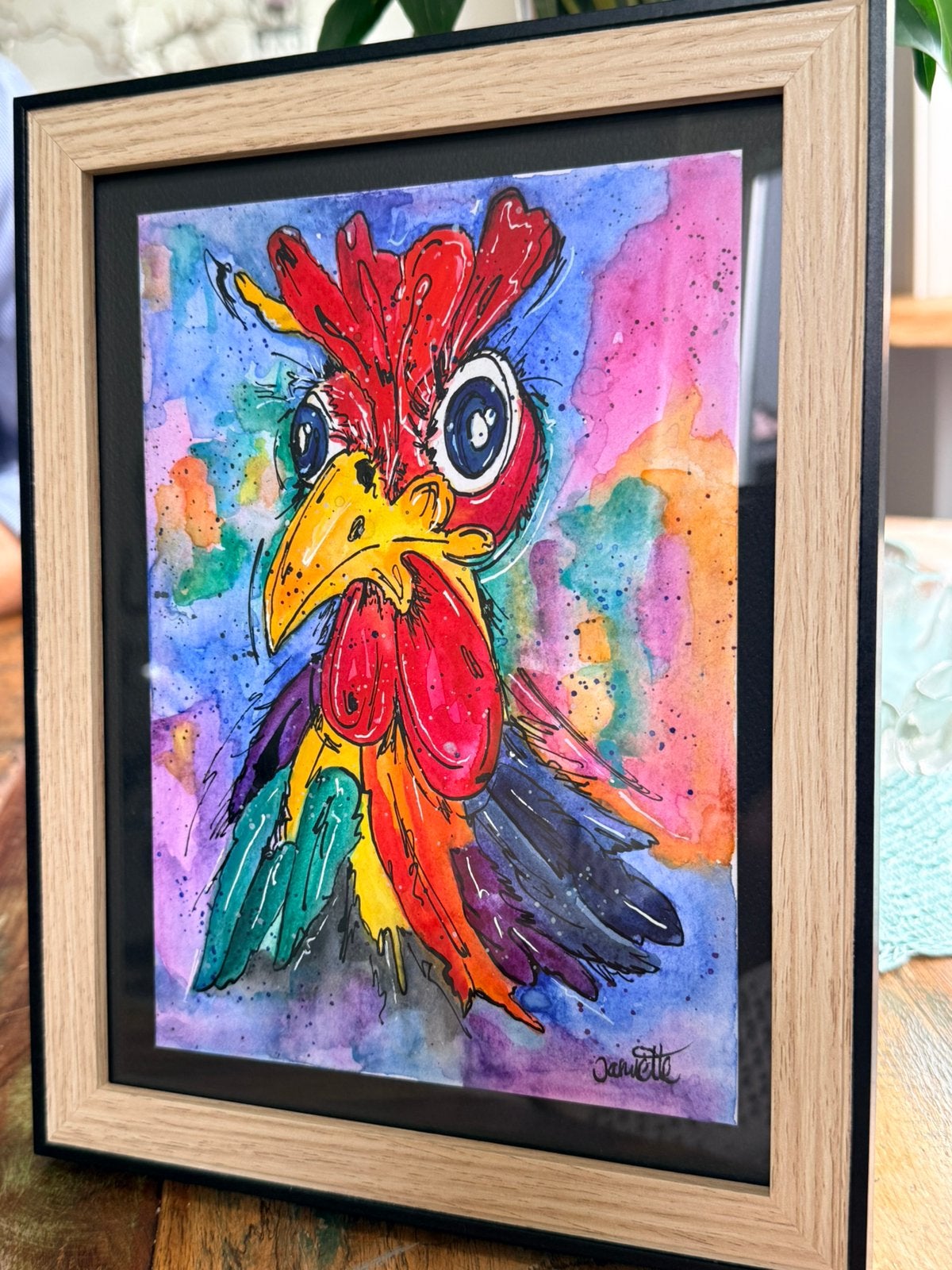 Aquarel Haan, Ophalen of Verzenden, Achter glas, Aquarel, Abstract