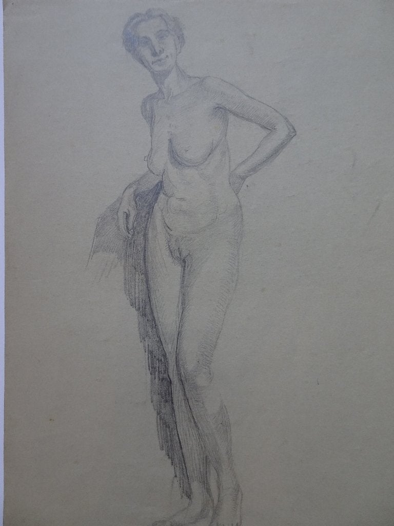 Potloodtekening naakte staande vrouw, 1930, Antiek en Kunst, Ophalen of Verzenden, Tekening, Potloodtekening