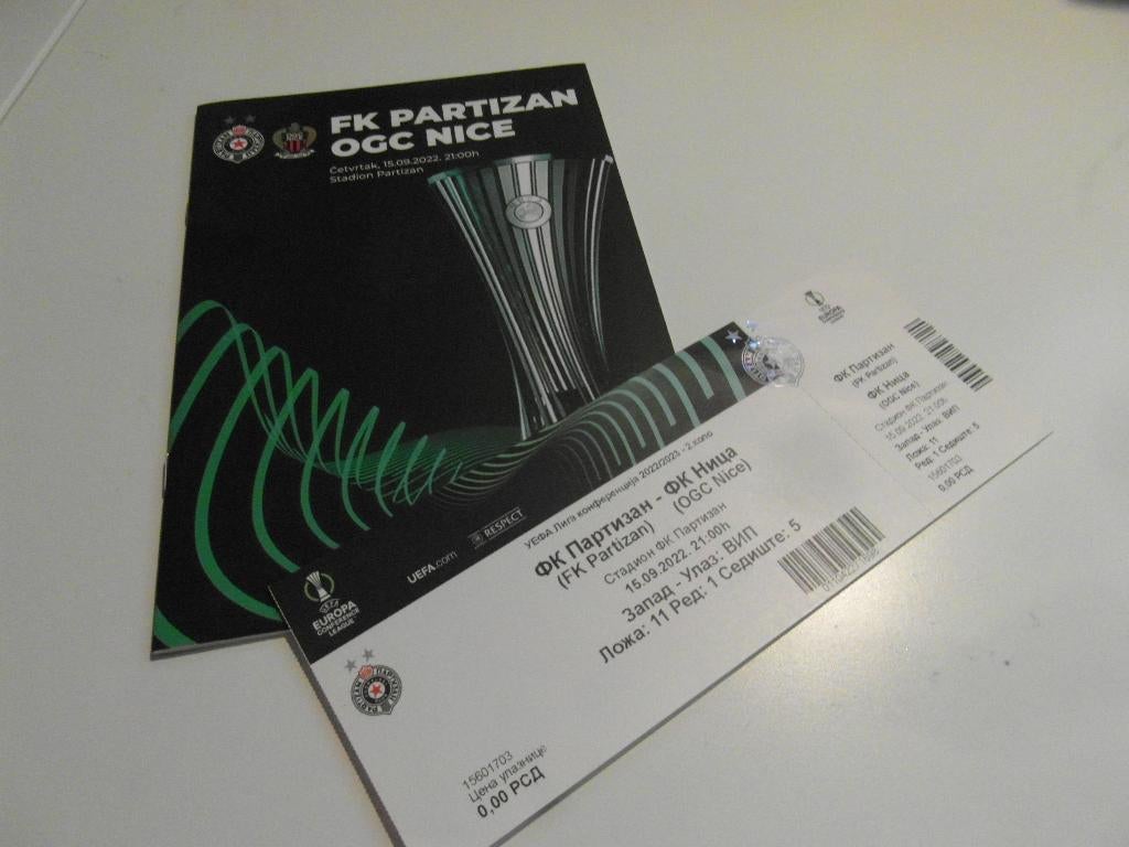 programma ticket partizan belgrado olympiique nice 15 9 2022, Ophalen of Verzenden, Zo goed als nieuw, Buitenlandse clubs