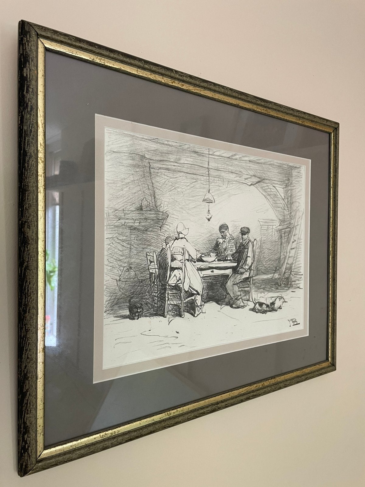 Johannes Bosboom – boerenfamilie aan tafel – ingelijst, Antiek en Kunst, Ophalen