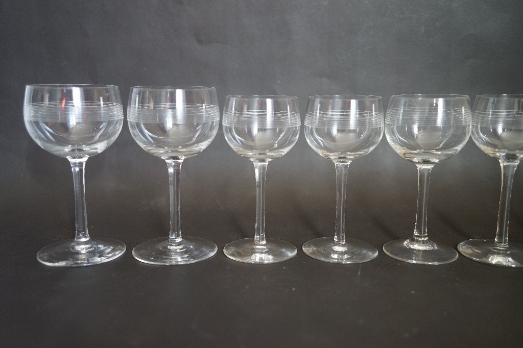 7 geslepen glas steel guilloche versiering glas amuse likeur, Antiek en Kunst, Ophalen of Verzenden