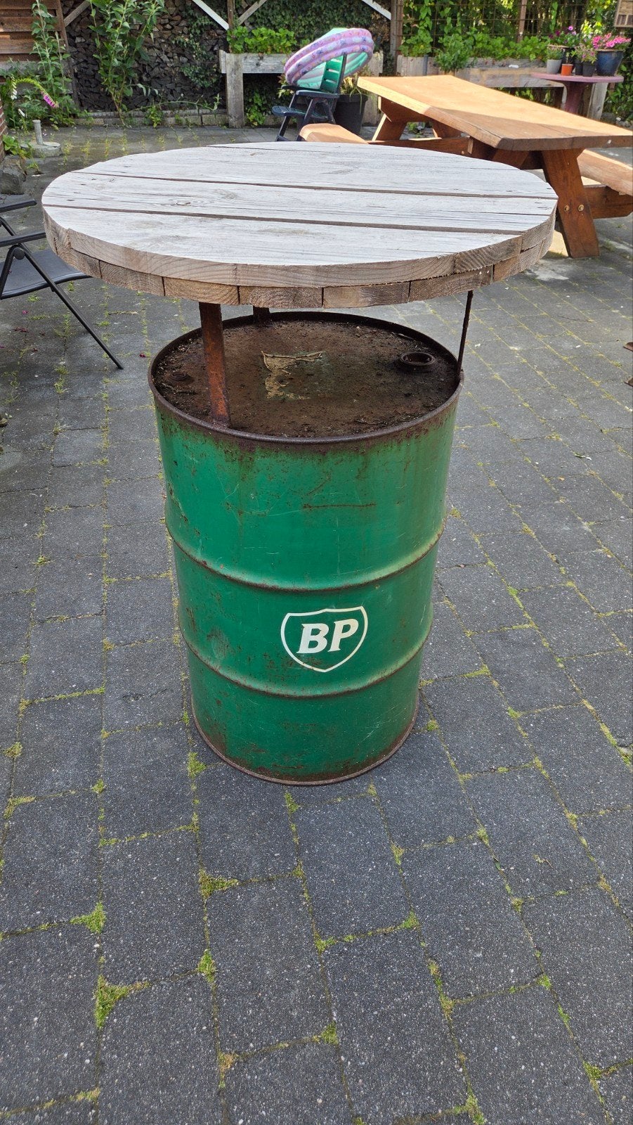 Unieke BP Olievat Tafel met Houten Blad, Ophalen