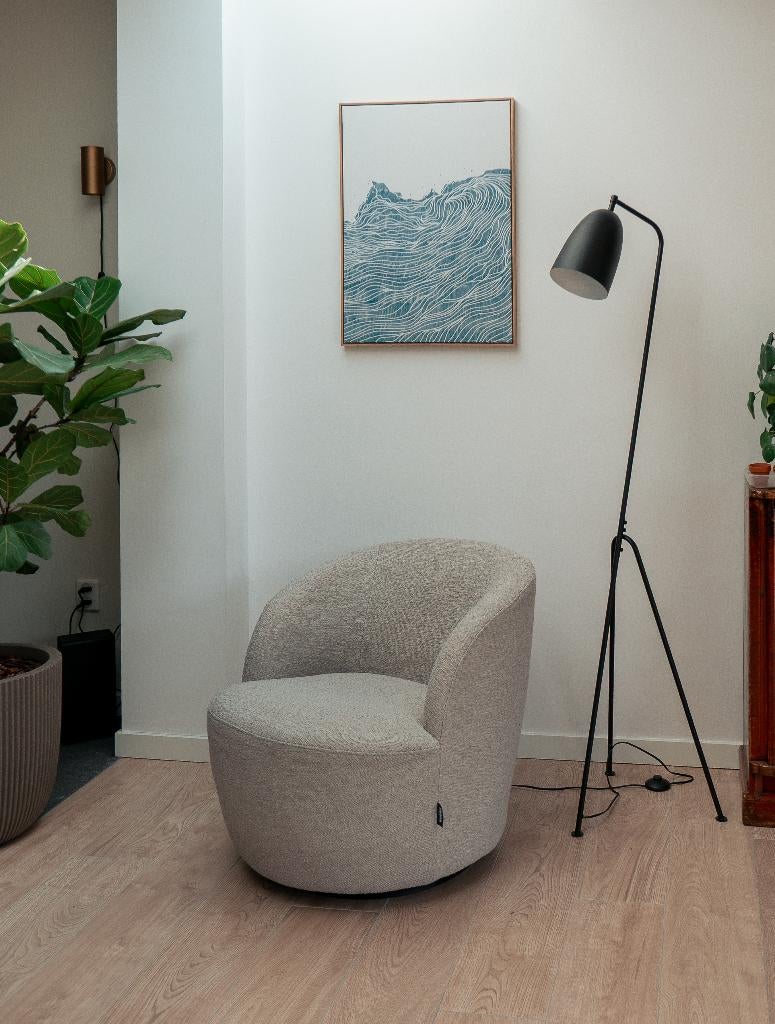WOOOD draaifauteuil Sam – bouclé – greige, Ophalen, Minder dan 75 cm, Zo goed als nieuw, 50 tot 75 cm