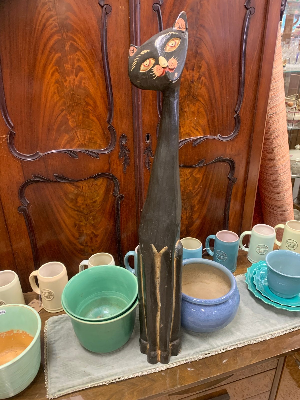 Balinese houten kat, 80 cm - Handgeschilderd, Ophalen of Verzenden