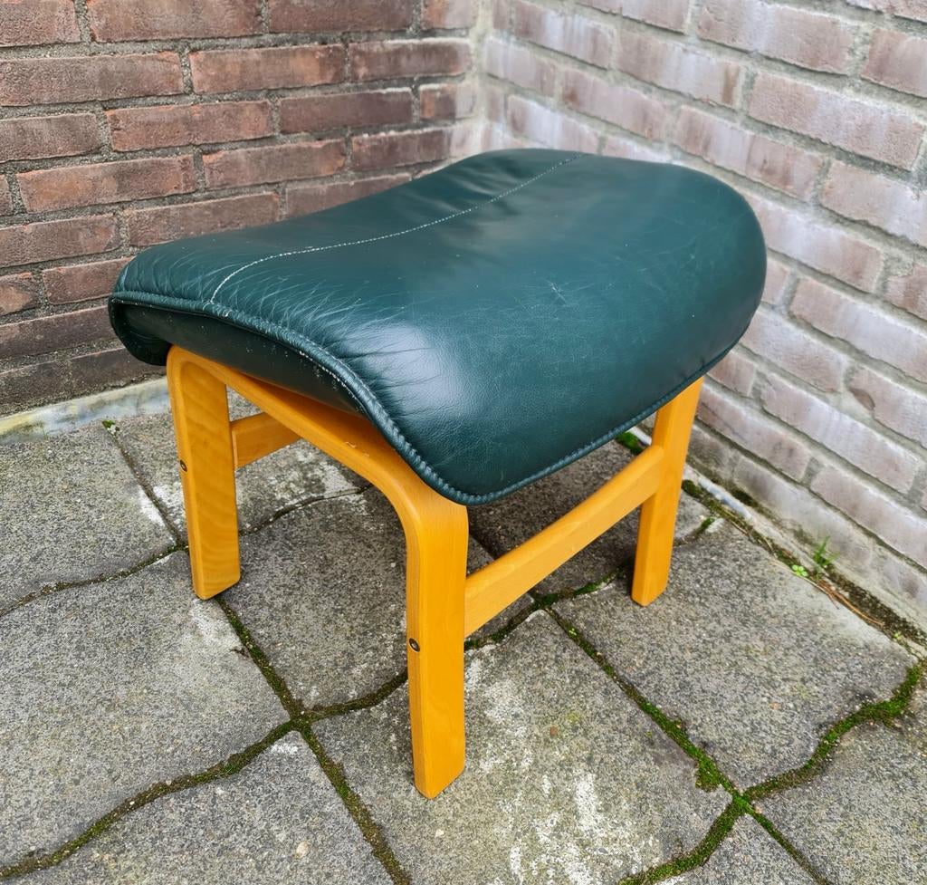 Voetenbank hocker poef verstelbaar vintage design leer groen, Ophalen, Minder dan 50 cm, Gebruikt, Vintage retro seventies interieur design