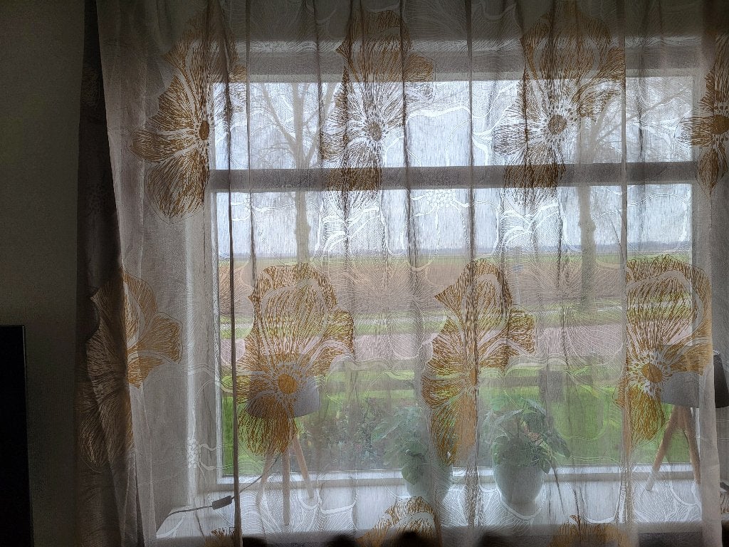 Taupe kleurige vitrage, Vitrage, 500 cm, Ophalen of Verzenden, Zo goed als nieuw