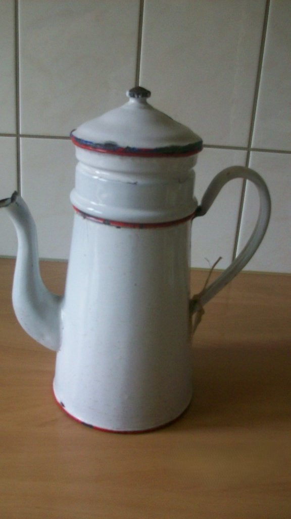 Vintage geëmailleerde koffiepot - Wit met rode accenten, Ophalen of Verzenden