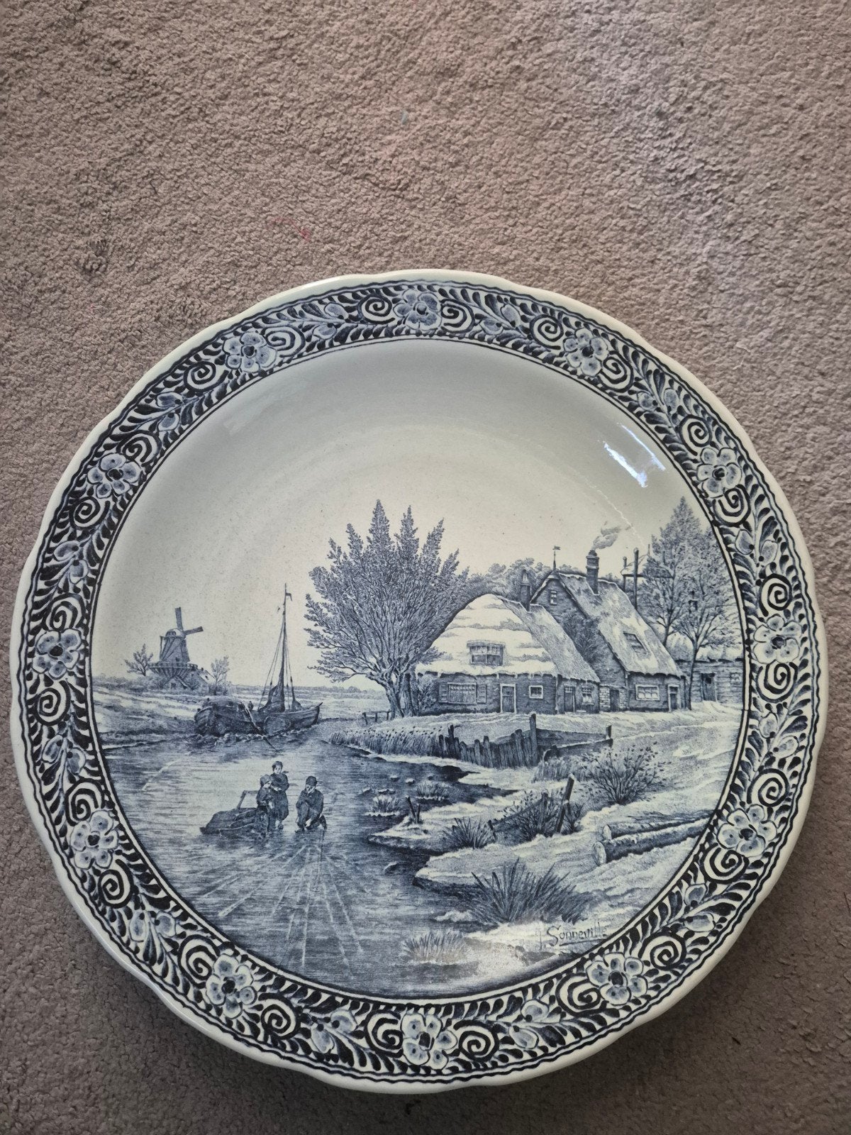 Antiek Delftsblauw Wandbord met Hollands Wintertafereel, Ophalen