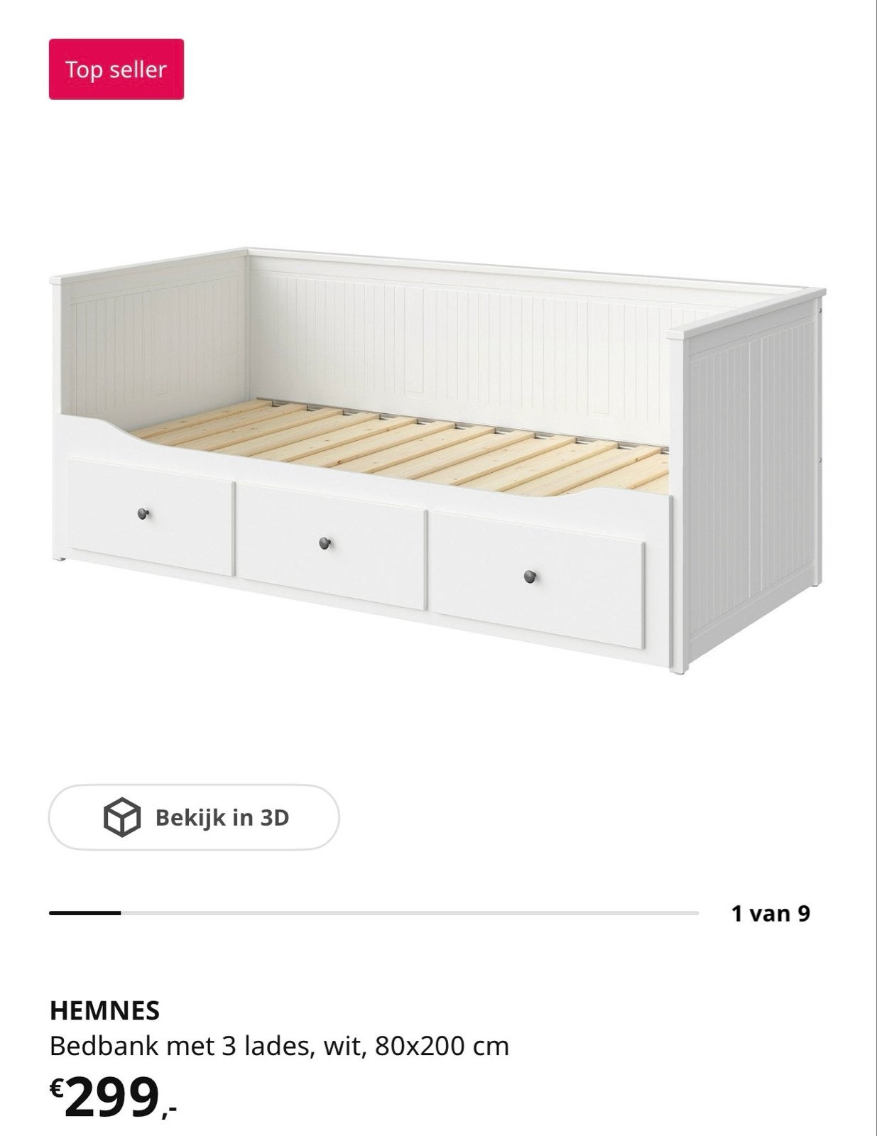 IKEA HEMNES Bedbank met 3 lades, wit, 80x200 cm, Ophalen, Eenpersoons, Wit, Zo goed als nieuw