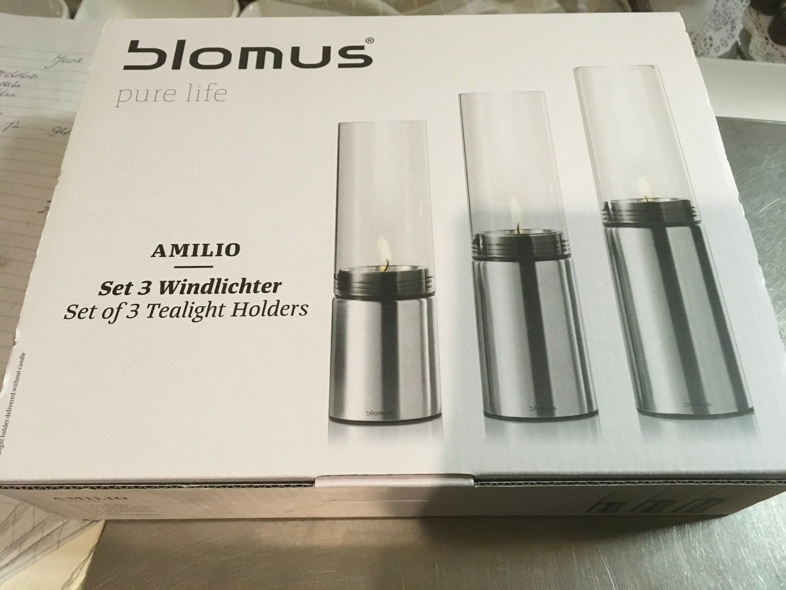 Te koop splinternieuw 3 delig windlichten set van blomus, Huis en Inrichting, Woonaccessoires | Kandelaars en Kaarsen, Windlicht