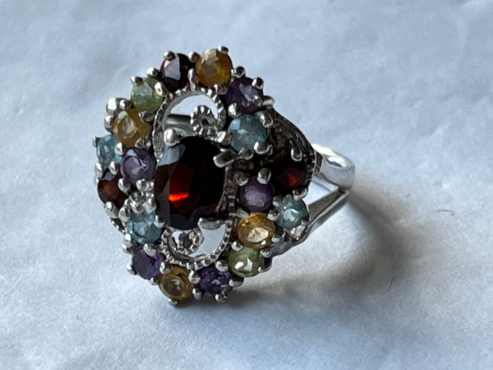 Fraaie Zilveren Ring met Granaat, Aquamarijn, Citrien, Sieraden, Tassen en Uiterlijk, Overige kleuren, Verzenden, Met edelsteen