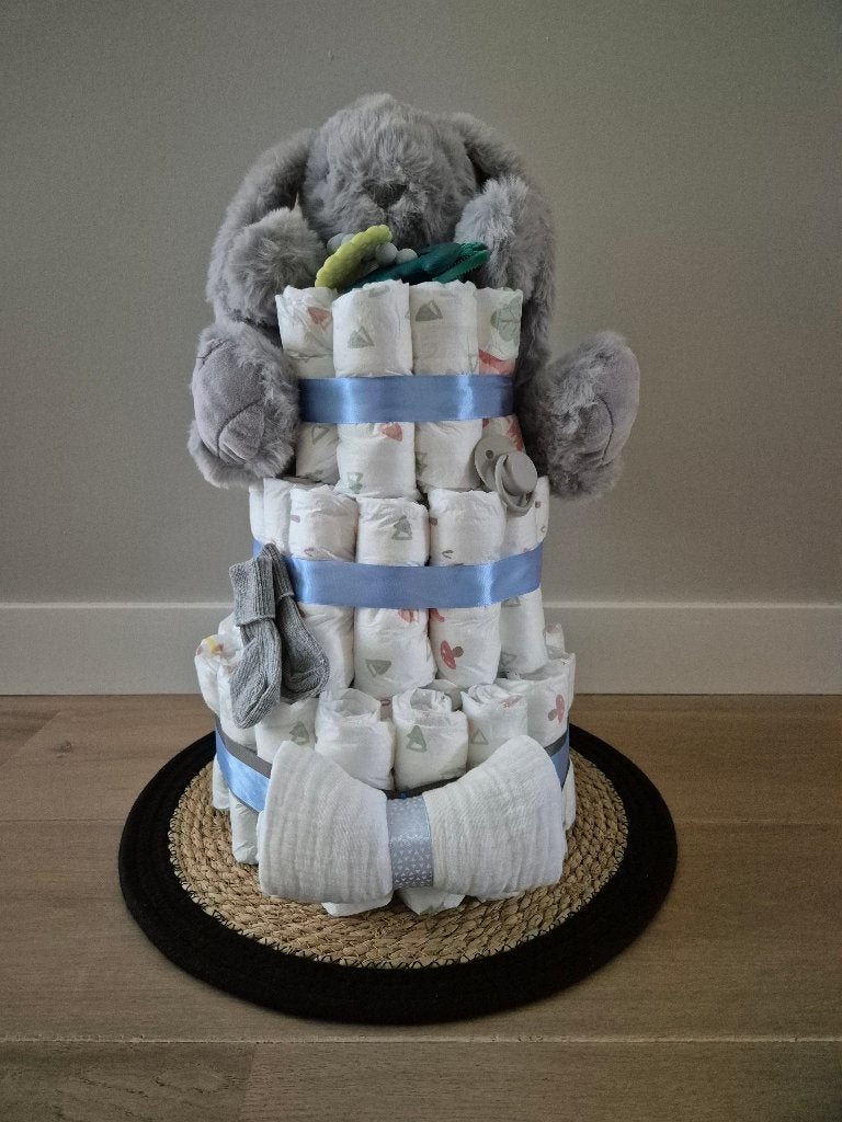 Luiertaart blauw grijs met knuffel, Ophalen, Nieuw, Kraamcadeau