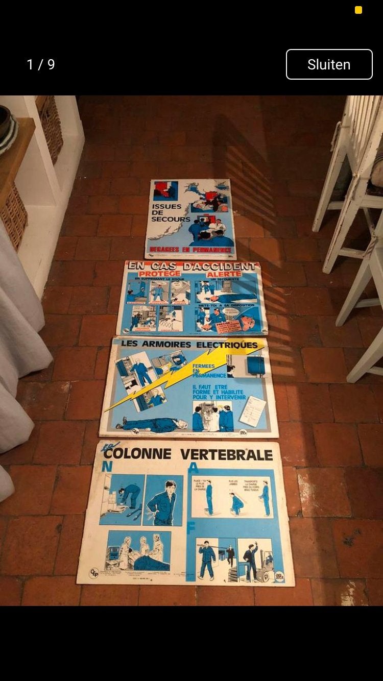VINTAGE PLATEN EHBO CALAMITEITEN FRANS JAREN 80, Antiek en Kunst, Antiek | Schoolplaten, Ophalen of Verzenden, Overige thema's