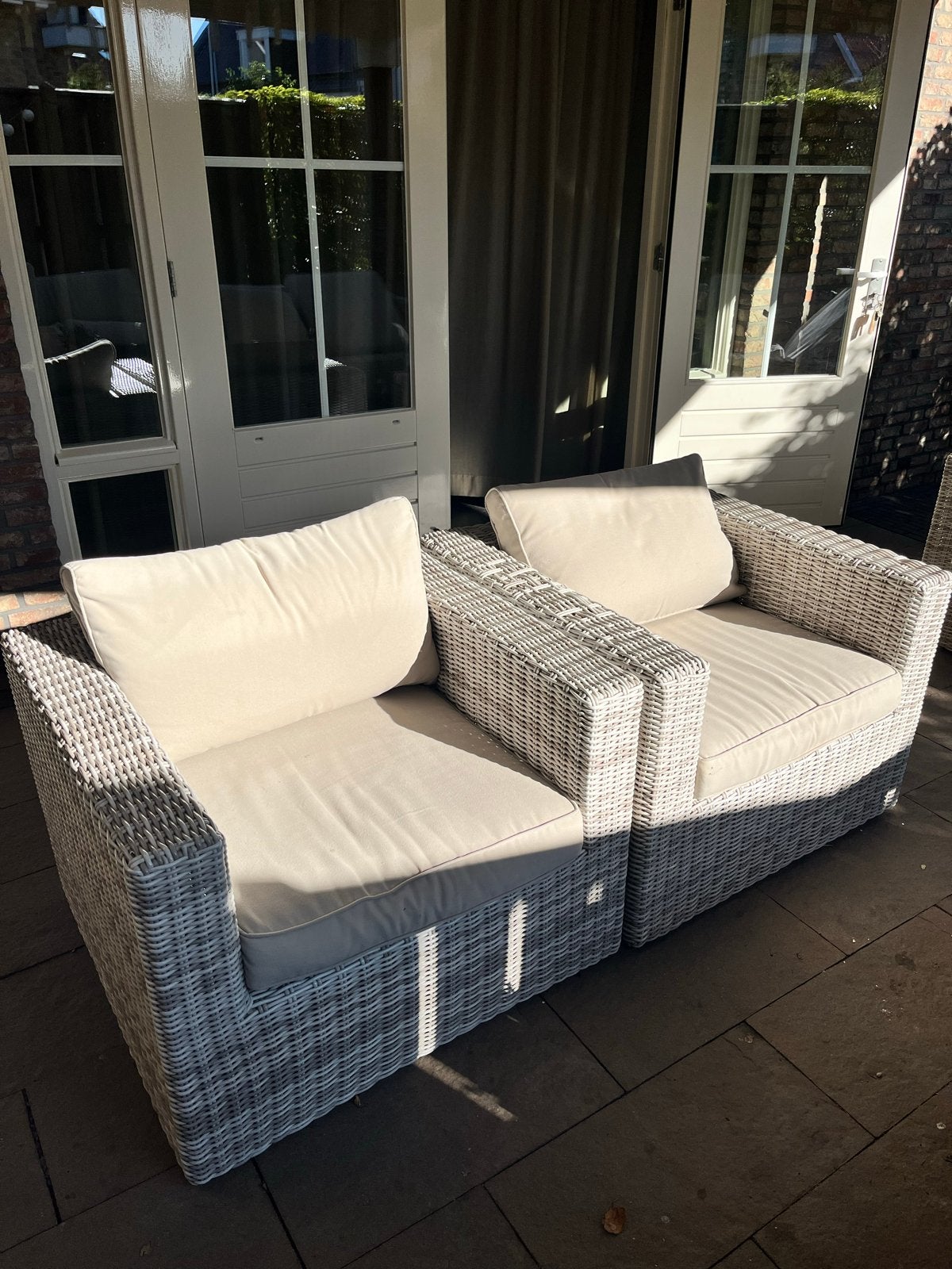 2 Rotan lounge stoelen met hocker voor buiten, Gebruikt, Rotan, Loungeset, Stoel