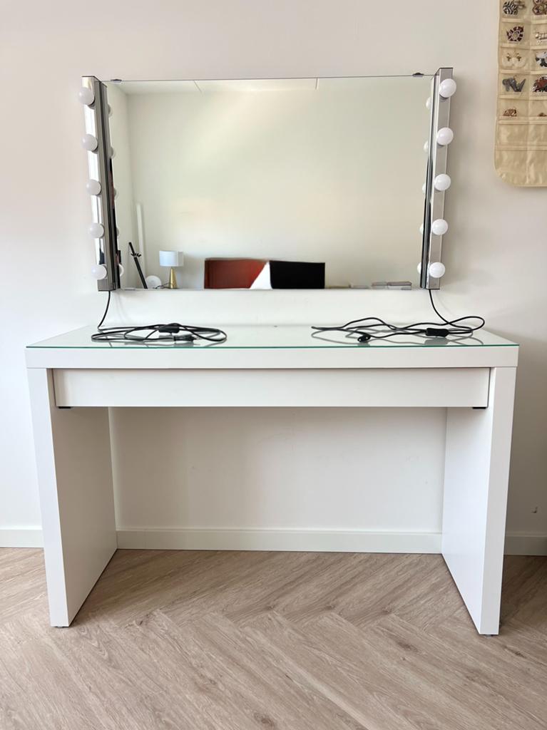 Compleet IKEA Malm make-up tafel, spiegel en lampen zgan, Ophalen, Zo goed als nieuw, 50 tot 100 cm, Minder dan 100 cm