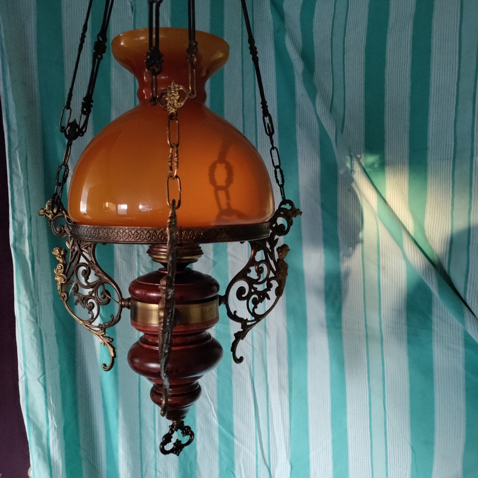 Hanglamp,Petroleum,Amberkleur,Ornamenten,lamp,Antiek,opa,oma, Ophalen, Zo goed als nieuw, Glas, Petroleum lamp,Klassiek,Vintage