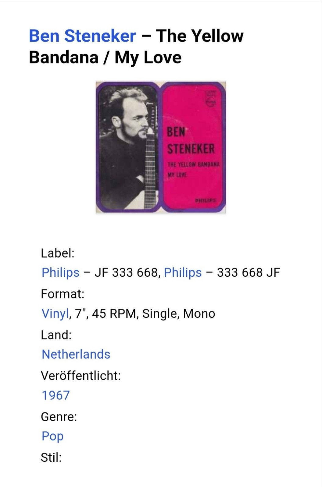 GEZOCHT: Ben Steneker - Yellow Bandana / My Love single, Verzenden, Gebruikt, Overige formaten, Country