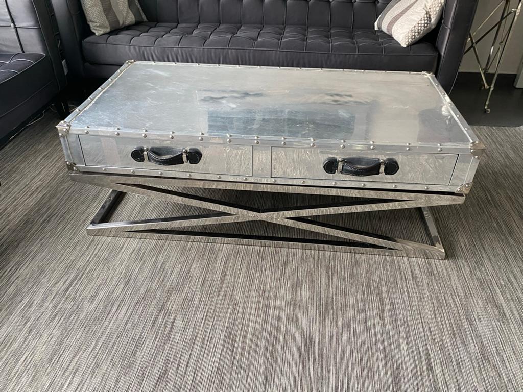 Eichholtz Salontafel - Aluminium met Leren Handgrepen, Ophalen, Gebruikt, 100 tot 150 cm, 50 tot 100 cm