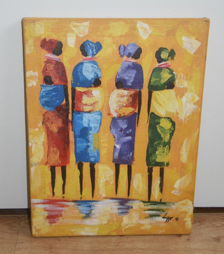 Kleurrijk schilderij Afrikaanse vrouwen met kind etnisch, Antiek en Kunst, Verzenden, Figuren