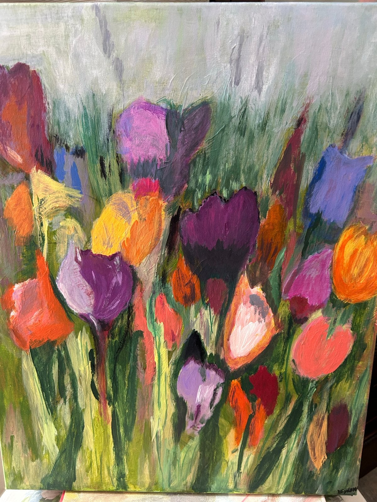 Kleurrijk Bloemenveld Schilderij - Acryl op Canvas 40 x 50, Ophalen of Verzenden
