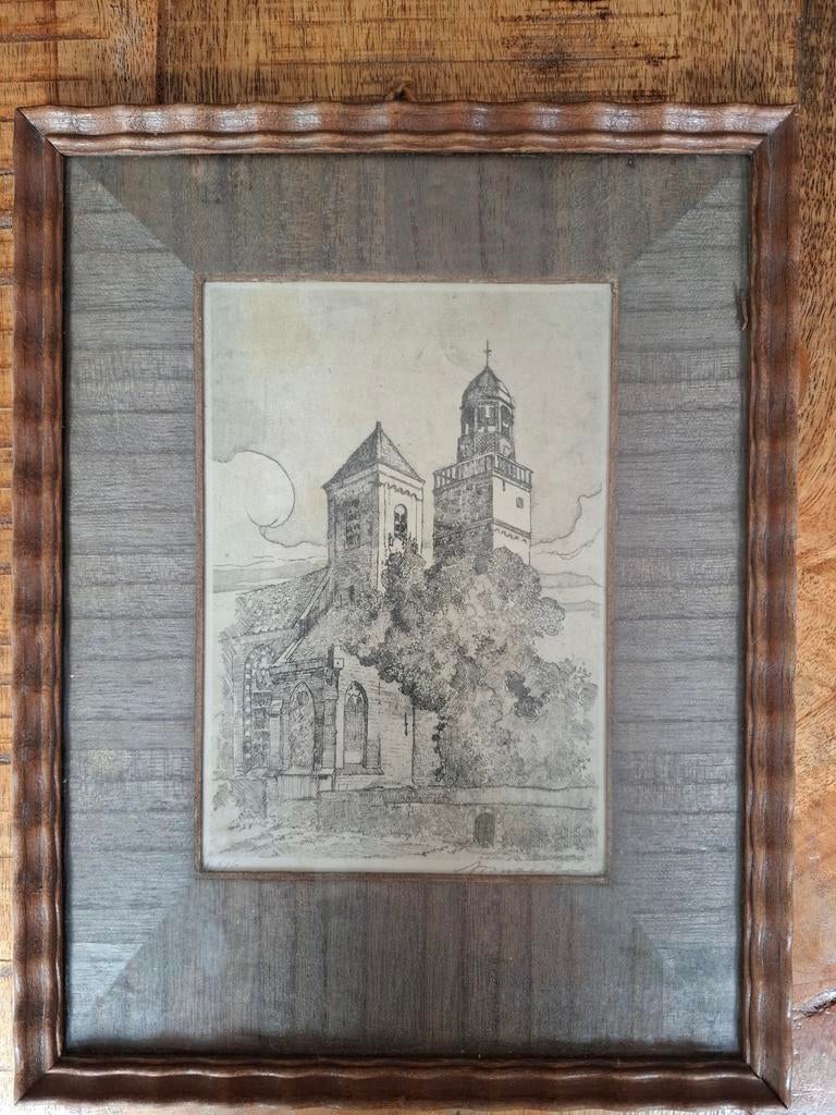 Oud schilderijtje met kerk en toren, Antiek en Kunst, Kunst | Etsen en Gravures, Ophalen