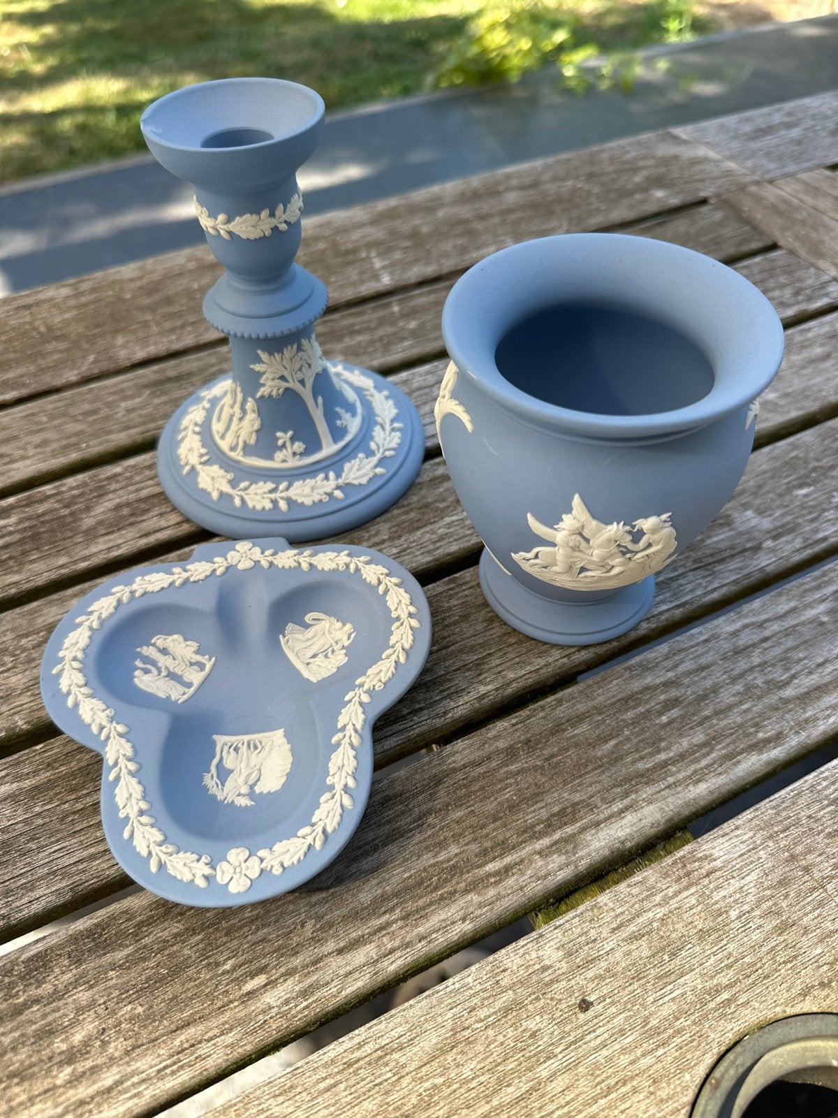 Wedgwood Jasperware set: kandelaar, vaas en schaaltje, Ophalen