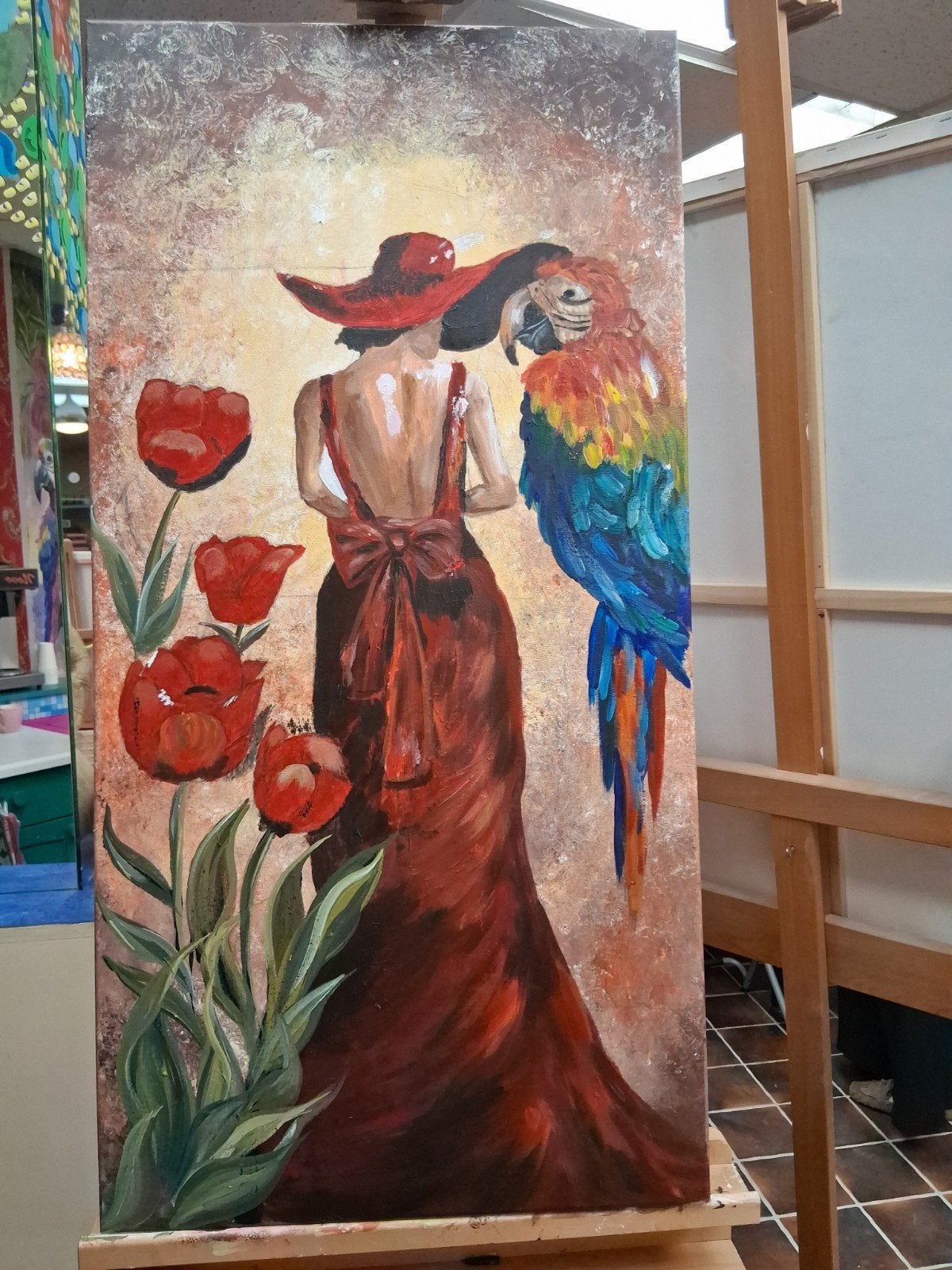 Dame met rode hoed en papegaai - Acryl op canvas, Ophalen, Acrylverf, Doek, Portret of Personen
