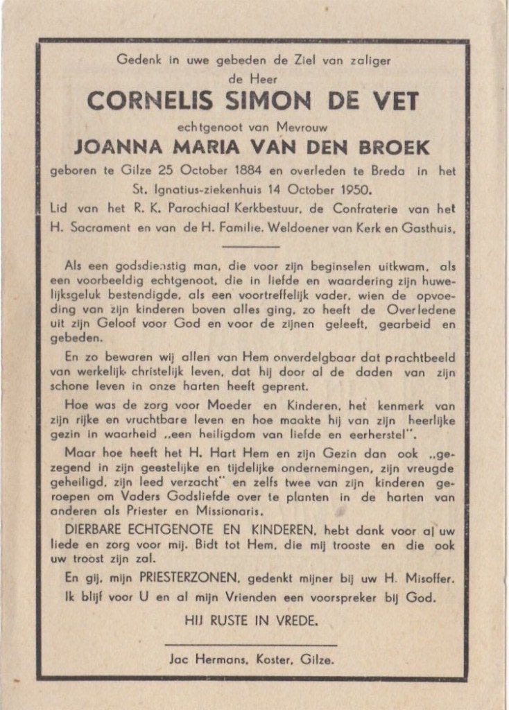 Cornelis Simon de Vet 1884 Gilze + 1950 Breda, bijna 66 jaar, Ophalen of Verzenden