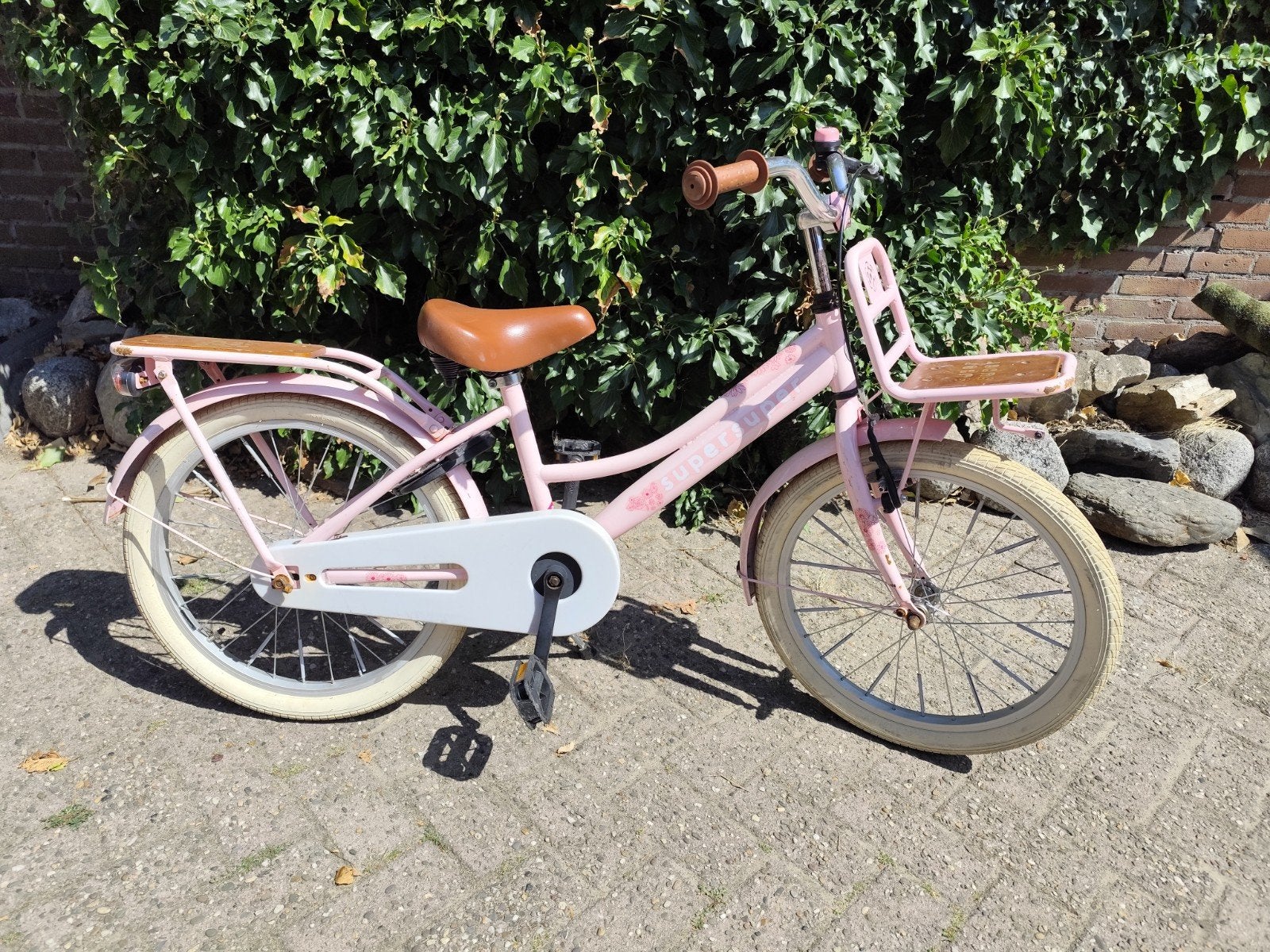 Roze kinderfiets 20 inch met voordrager en terugtraprem, Ophalen, Gebruikt, Terugtraprem, 20 inch of meer