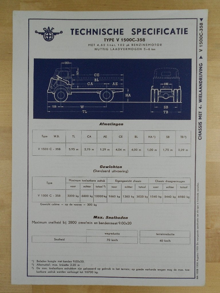 DAF V 1500 C Technische Specificatie folder 1955 V1500, Ophalen of Verzenden, Zo goed als nieuw, Overige merken, DAF
