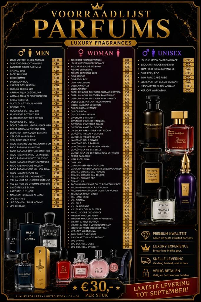 Grote voorraad luxe parfums - Heren, Dames & Unisex, Ophalen of Verzenden, Nieuw