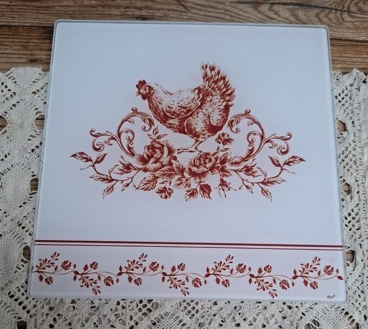 Franse glazen onderzetter/serveerplank, rode kip & bloemen, Glas, -, -, Ophalen of Verzenden