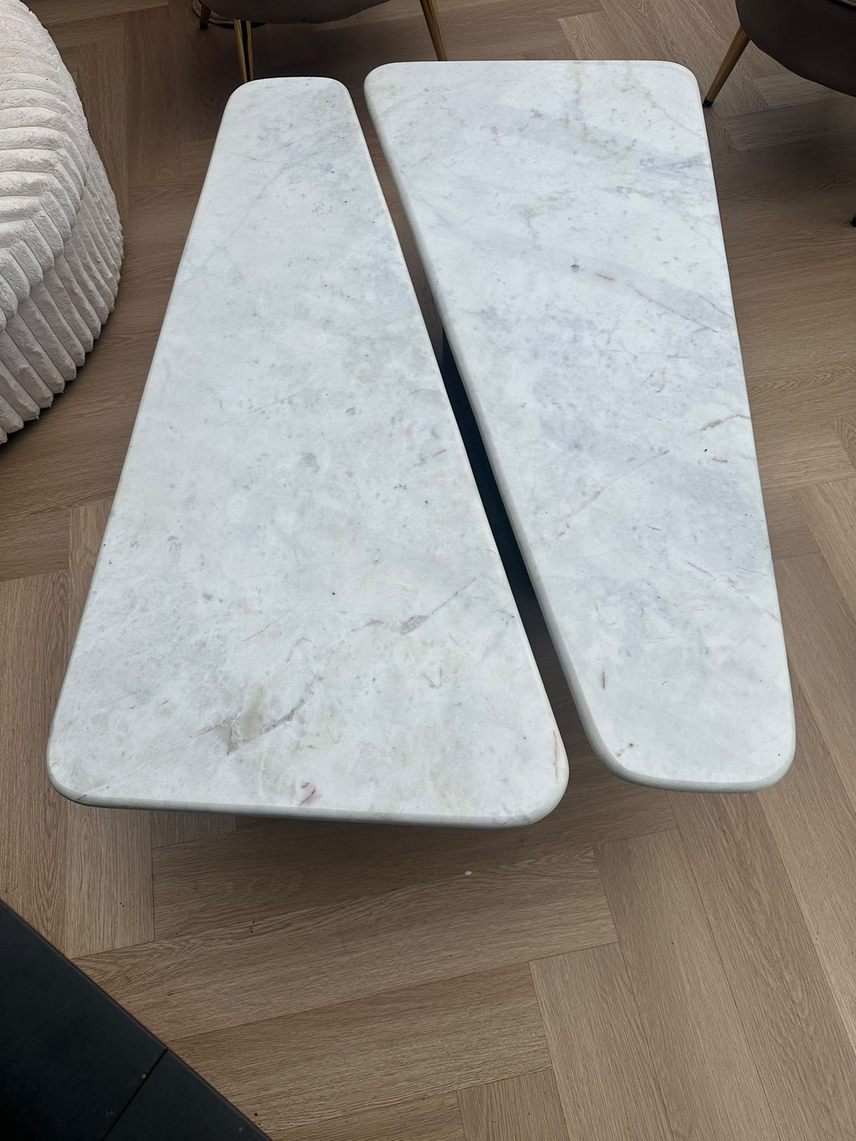 asymmetrische trapezoïde tafel marmer bruin 2 stuks, Ophalen, 90 cm, Eenpersoons, Bruin