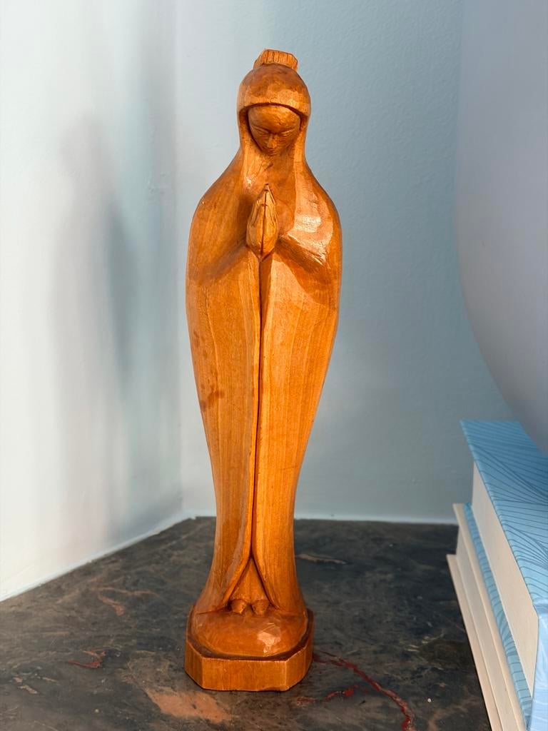 Houten Maria beeld - Handgesneden religieus kunstwerk, Antiek en Kunst, Ophalen of Verzenden, Handgemaakt, 20 - 50 cm, Beeld