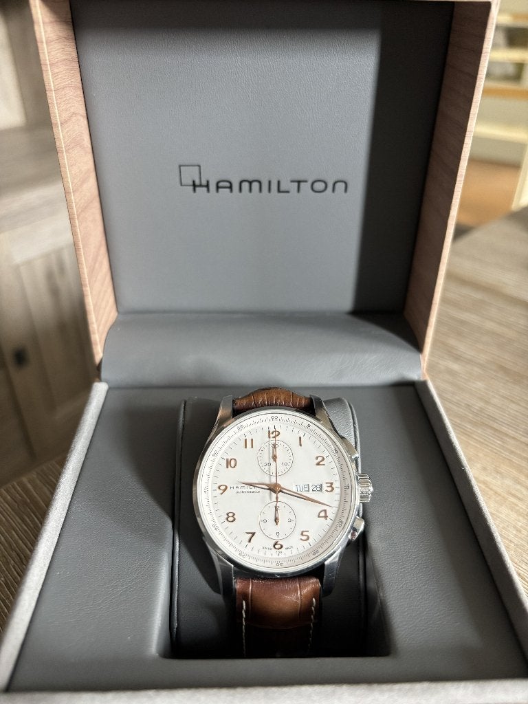Hamilton Jazzmaster Maestro Auto Chrono H32766513 Full Set, Overige merken, Leer, Staal, Polshorloge