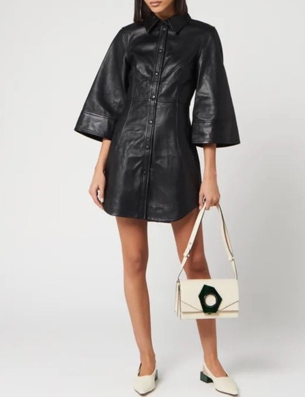 GANNI Leather Mini Sexy Dress Little Black Flare Sleeve XXS, Kleding | Dames, Ophalen of Verzenden, Nieuw, Maat 34 (XS) of kleiner