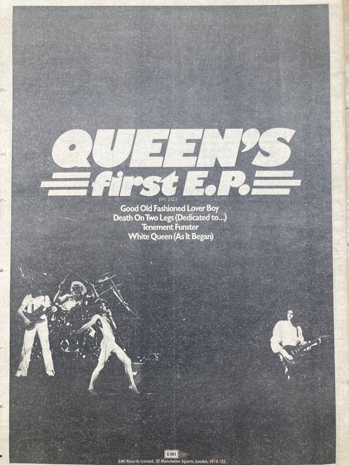 Paginagrote A3 advertentie QUEEN First EP release Good Old F, Ophalen of Verzenden, Gebruikt