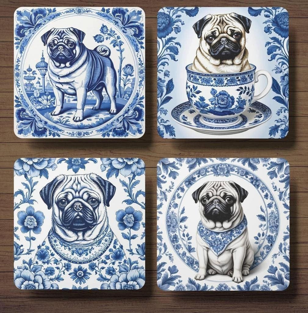 Mopshond Delfts Blauw onderzetters met houder, Ophalen of Verzenden, Nieuw