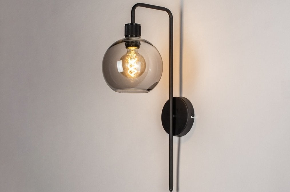 wandlamp zwart rookglas bol hoekbank dressoir bank bed lamp, Ophalen of Verzenden, Nieuw