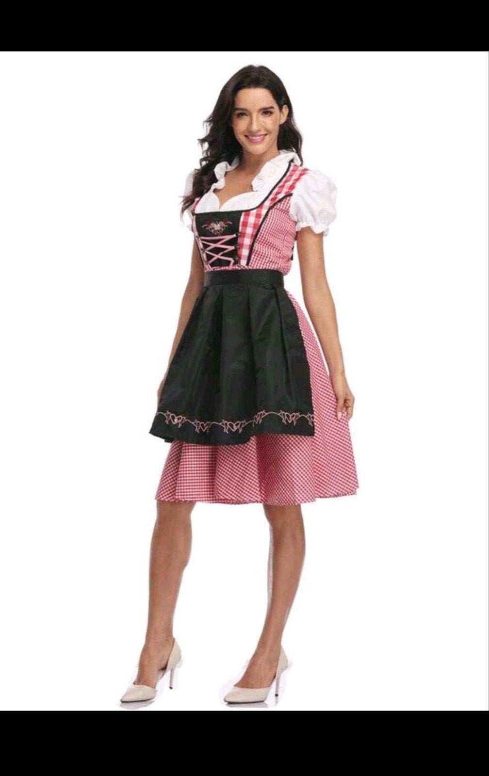 Dirndl Oktoberfest Jurk met L/XL- Rood Geruit met Zwart Scho, Maat 42/44 (L), Nieuw, Ophalen of Verzenden, Kleding