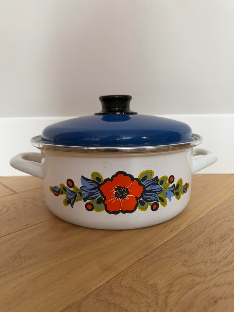 Iconische Vintage Emaille Pan – Jaren '70 Retro Bloemen, Ophalen of Verzenden, Zo goed als nieuw, Overige materialen, Kookpan of Snelkookpan