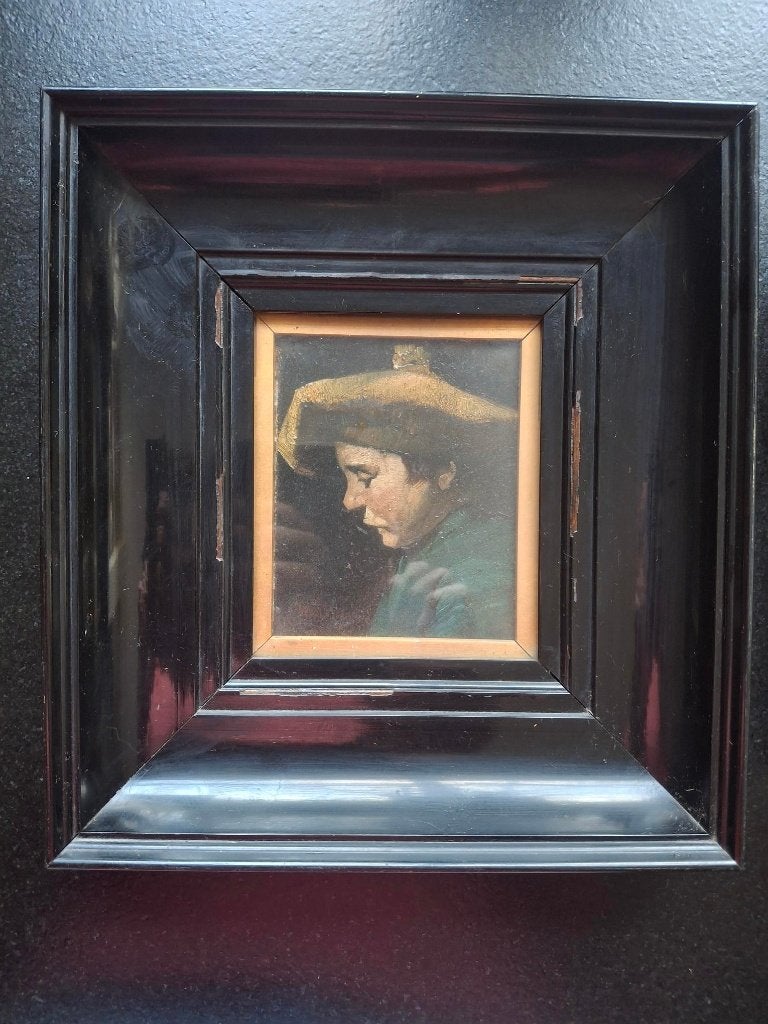 Twee antieke olieverf schilderijtjes in dito diepe lijst, Antiek en Kunst, Kunst | Schilderijen | Klassiek, Ophalen, Portret of Personen