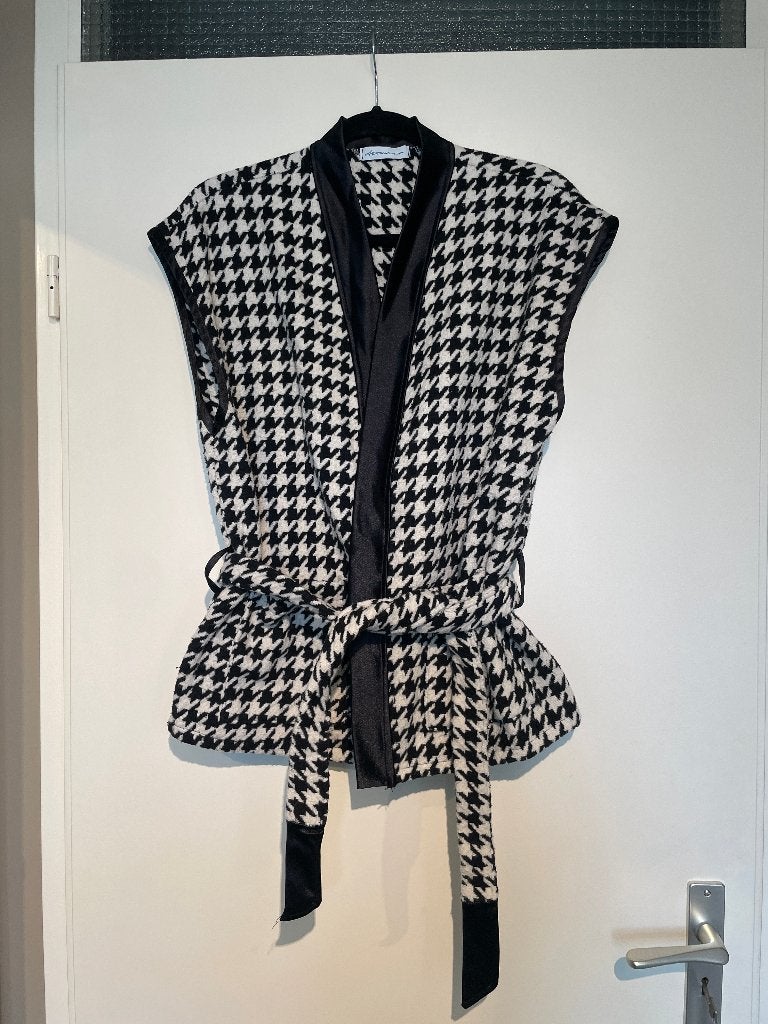 Dames pied de poule gilet bodywarmer satijn mt L, Made in Italy, Zwart, Maat 42/44 (L), Ophalen of Verzenden