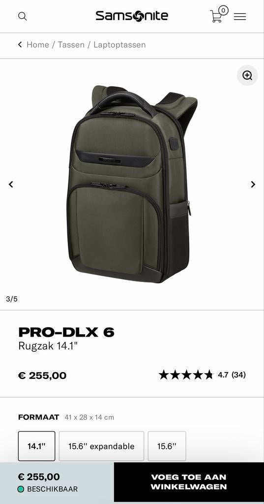 Samsonite PRO-DLX 6 (Laptop) Rugzak 14.1" Green, Ophalen, Zo goed als nieuw, 25 tot 40 cm, Overige merken