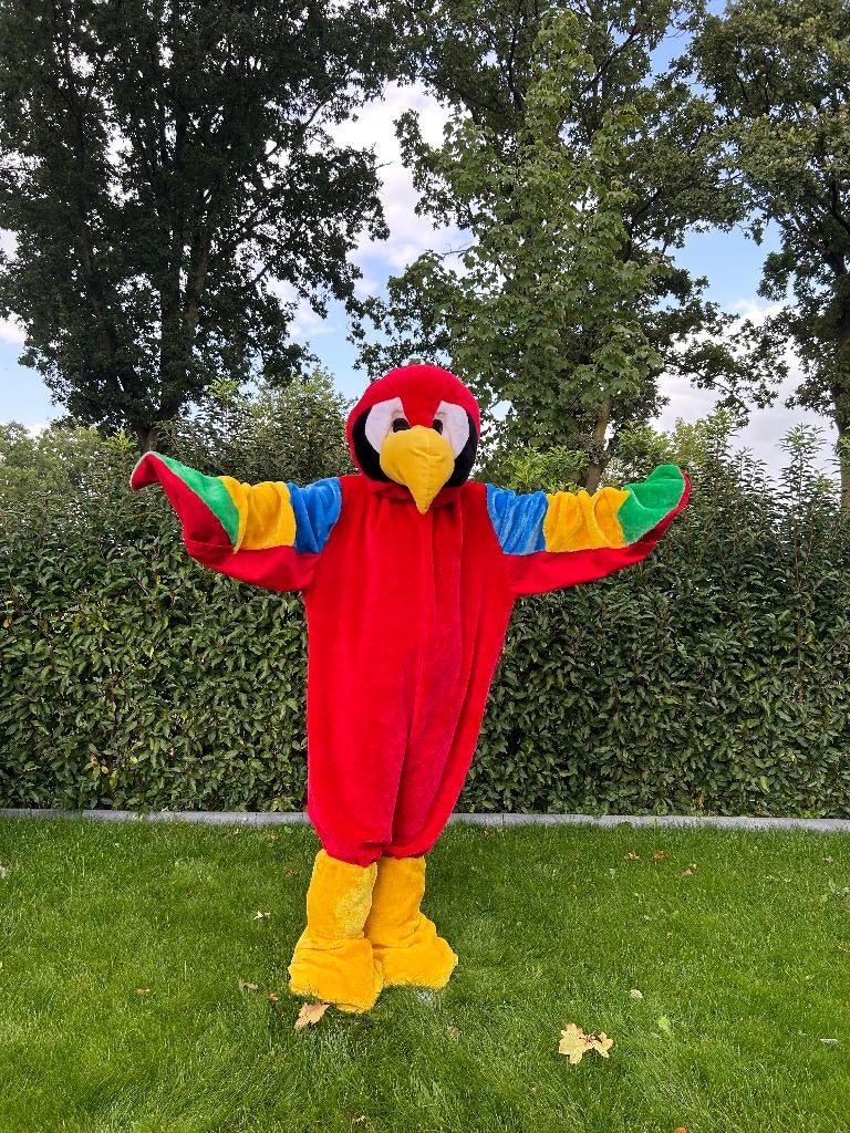 Te Huur: Papegaai-kostuum, Mascotte, Dieren, Carnaval, Ophalen of Verzenden, Zo goed als nieuw, Verjaardag
