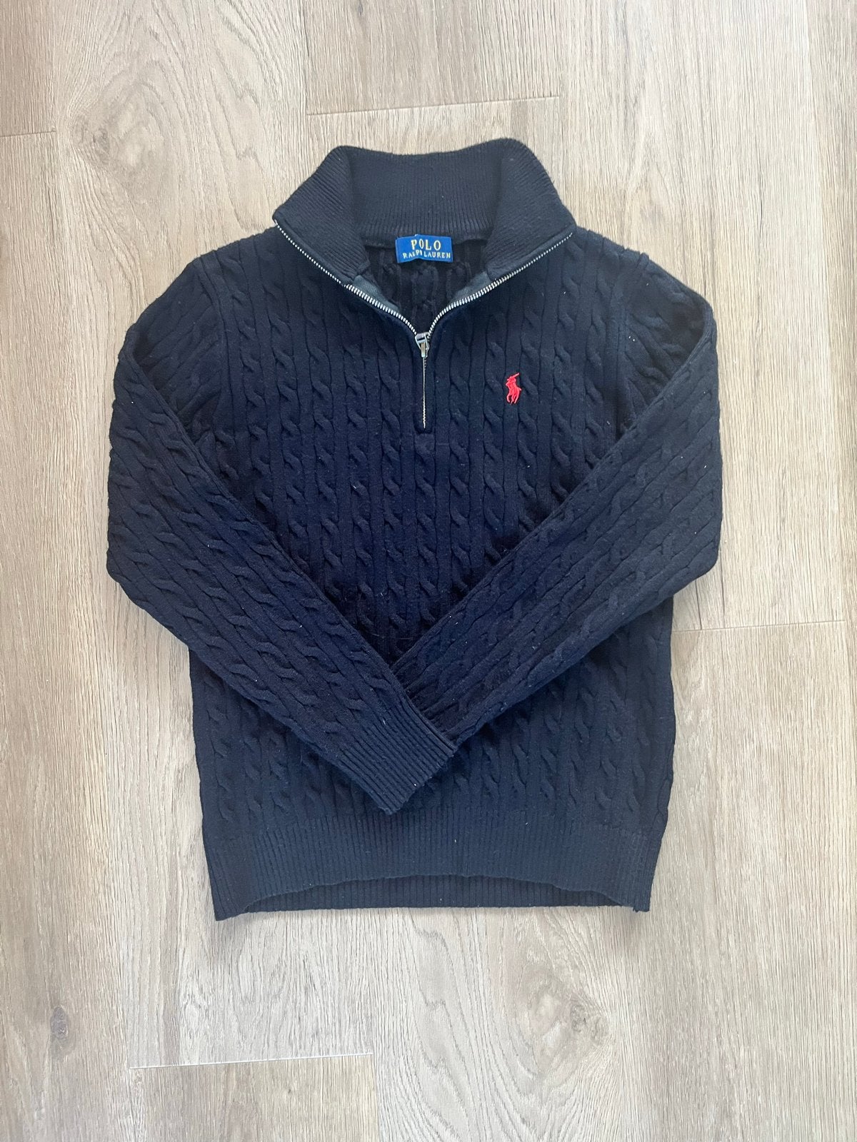 Polo Ralph Lauren kabelgebreide trui met rits - Jongen, Ophalen of Verzenden, Zo goed als nieuw, Maat 48/50 (M), Blauw