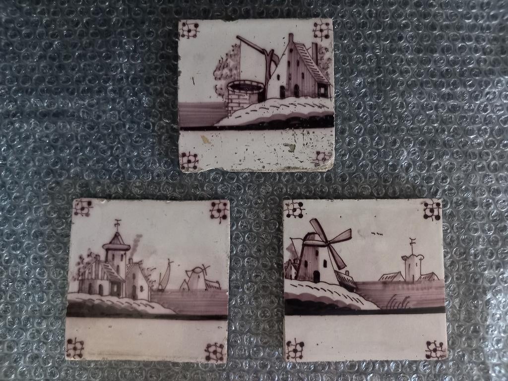 Antieke Nederlandse wandtegels karakteristiek mangaan 3 st., Ophalen of Verzenden